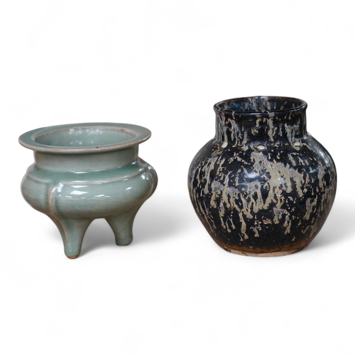 A Chinese celadon tripod censer and vase, largest 14cm high